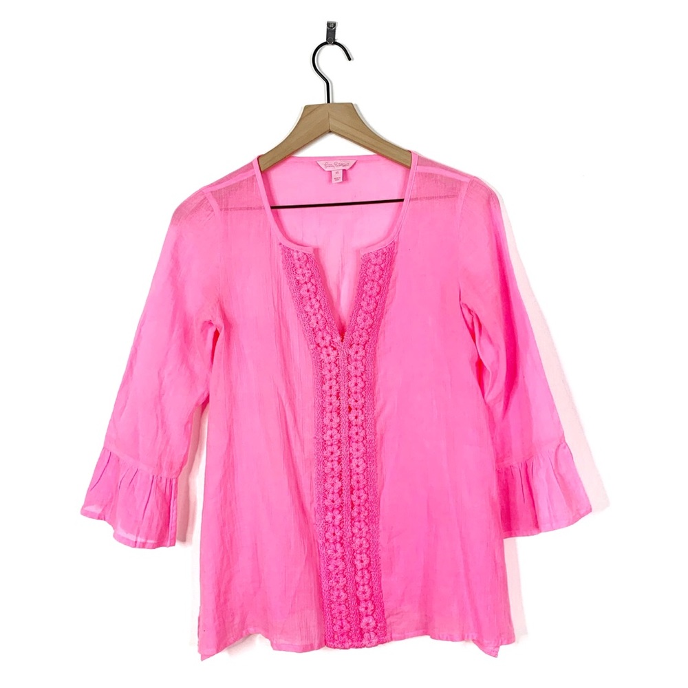 Lilly Pulitzer Pink Bell Sleeve Embroidered Blouse